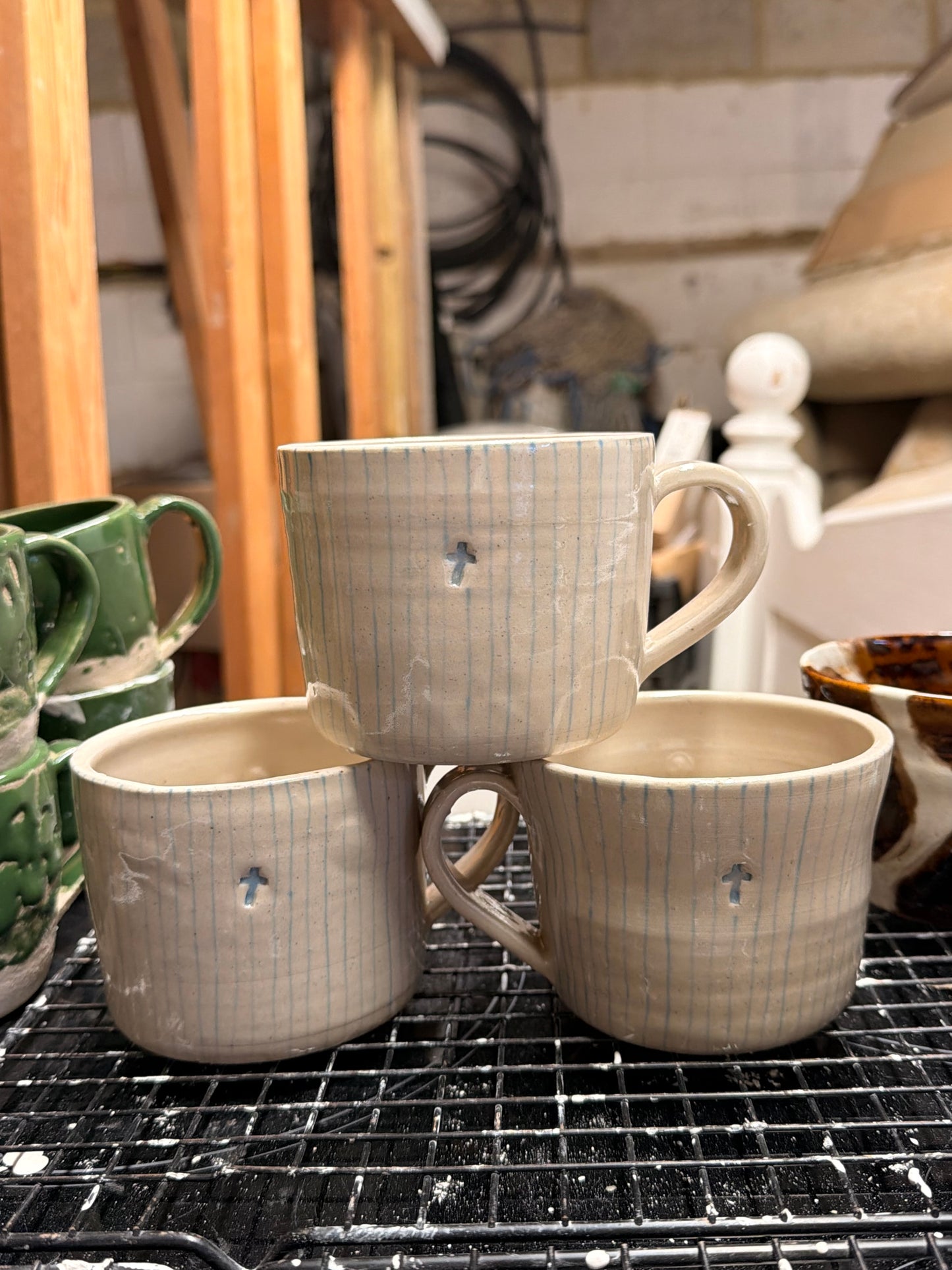 Blue Stripey Stamped Handmade Mug