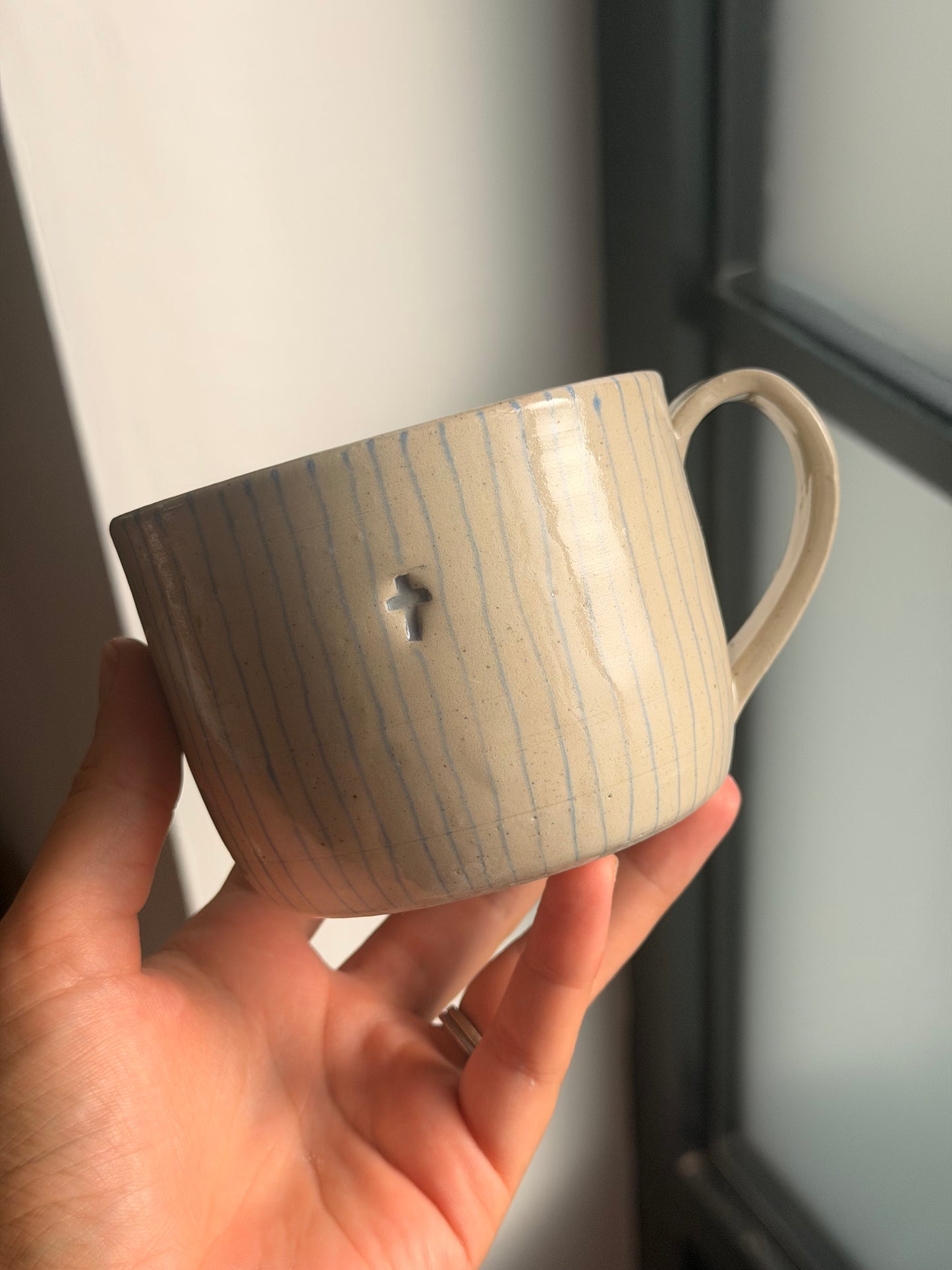 Blue Stripey Stamped Handmade Mug