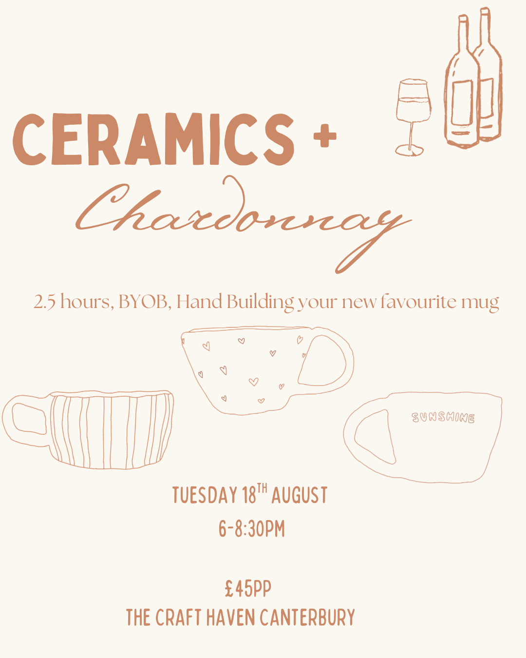 Ceramics and Chardonnay | Mug Making| Tuesday 18th August |  6-8:30pm