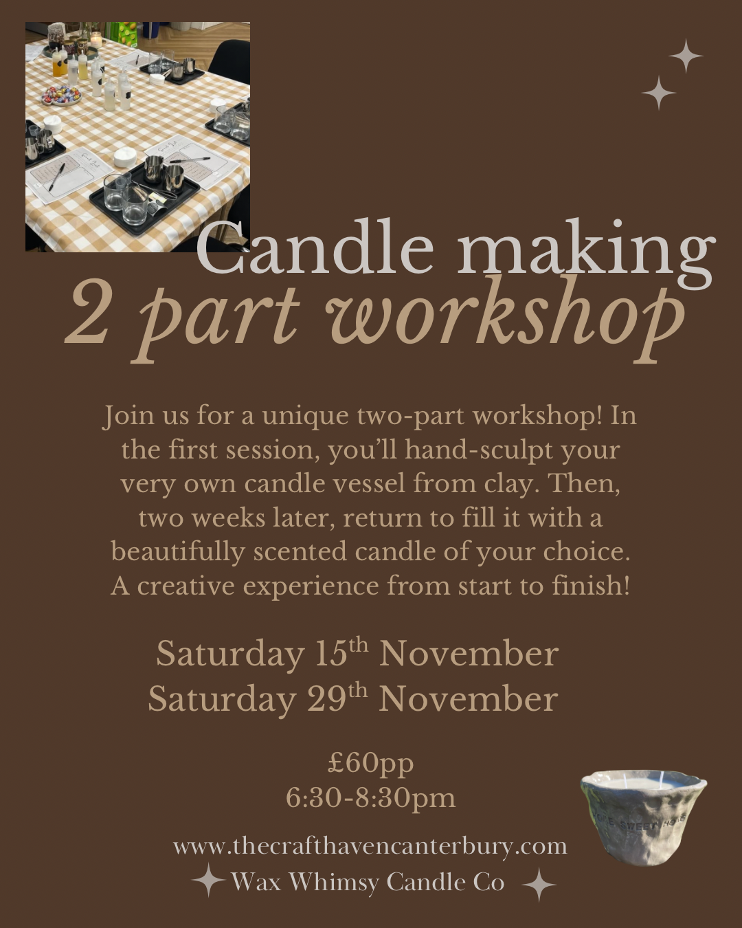 Candle Making & Sculpting | 15th + 29th November | 6:30-8:30pm | 2 part workshop